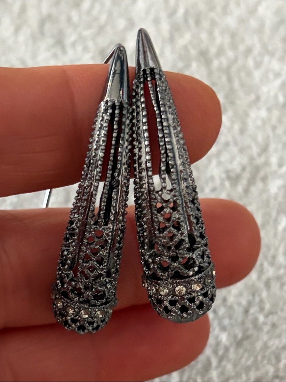 Sterling Silver-Tone Filigree Drop Earrings with Black Crystal Accents